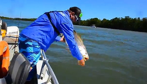 Fisho's Scott Thomas filming Bushy talking about Squidgy's new prawn lures.