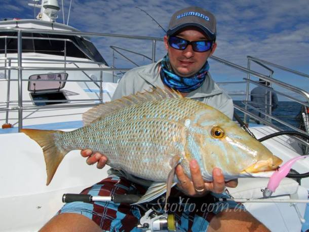 Fisho's Scott Thomas filming Bushy talking about Squidgy's new prawn lures.