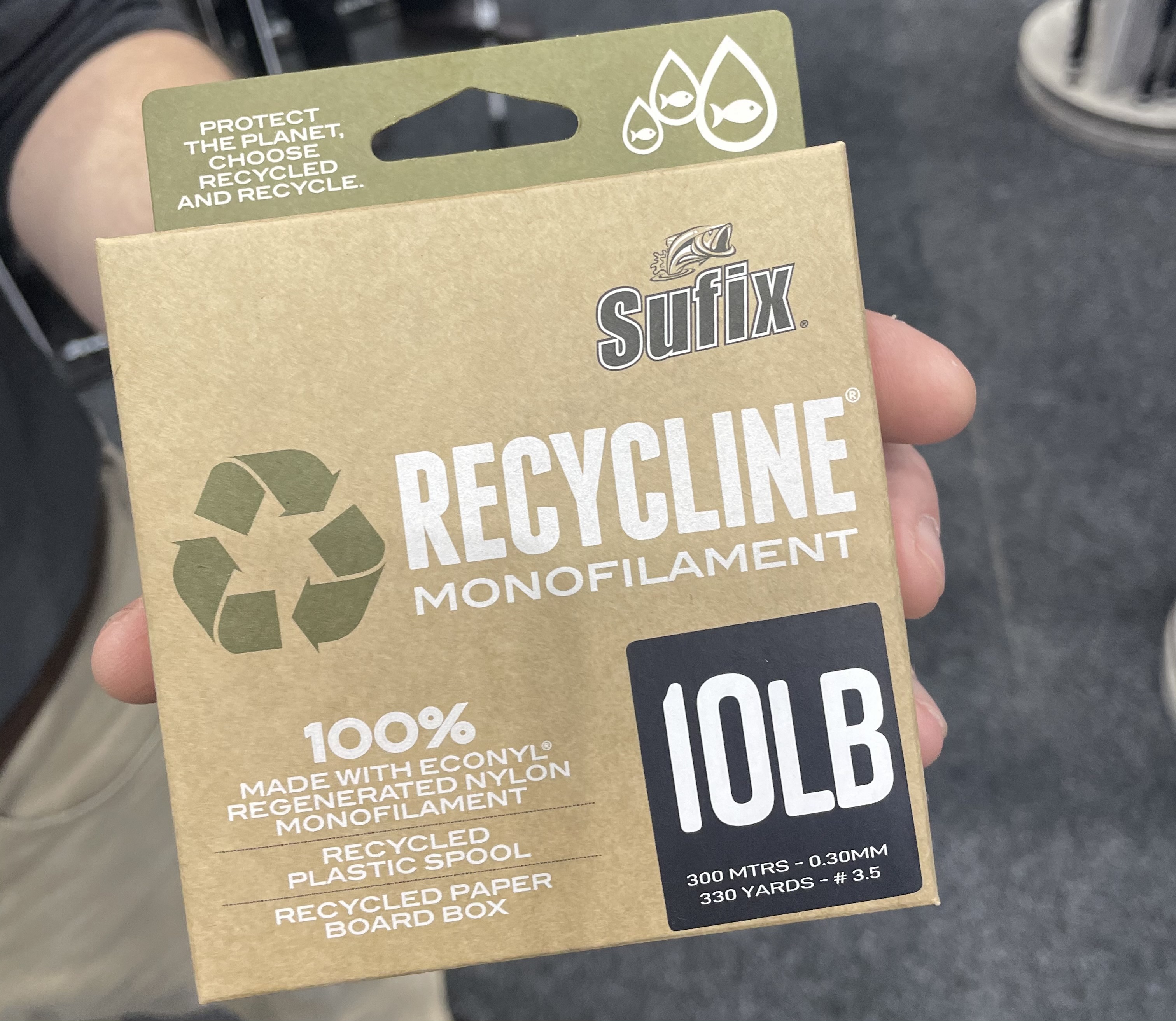 Sufix® Recycline® Monofilament - The worlds first 100% recycled fishing line   The ground-breaking Sufix® Recycline® Monofilament is made from 100%  Econyl®, which is regenerated nylon made of recycled fishing waste, such