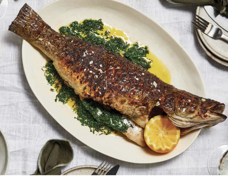 Whole BBQ Aquna Murray Cod, Smoked Gremolata and Cabbage Salad – By Josh Niland